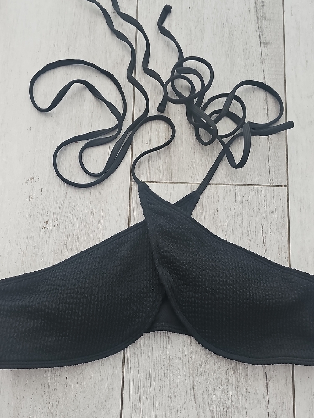 New Black Seersucker  Women's Halter Bikini Top - M